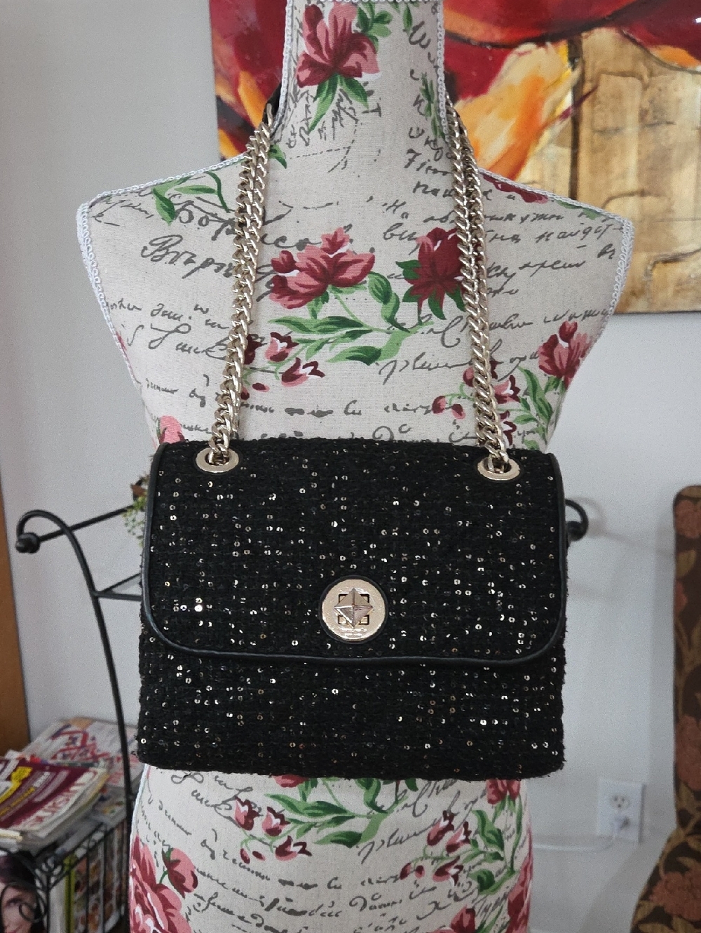 Kate Spade Black Tweed Crossbody with Gold Pyramid Turn-Lock